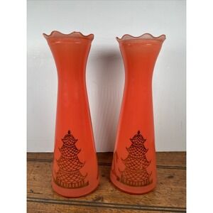 Vtg Bartlett Collins Atomic Age Glass 9" Vase Gold Asian Pagoda Coral Orange MCM